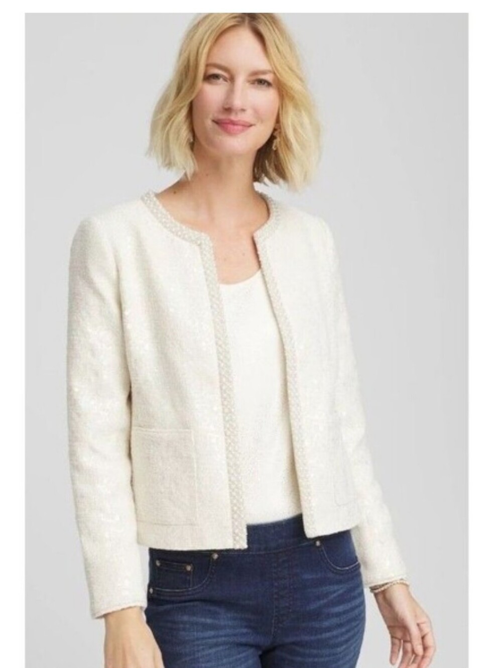 Chicos Pearl Trim Tweed Jacket 3/XL
